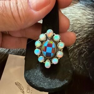 Opal and Multi-Stone Sterling Ring - Iridescent White and Blue